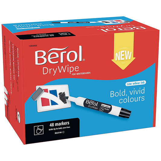 Berol Drywipe Marker, Bullet Tip, Black, Pack of 48