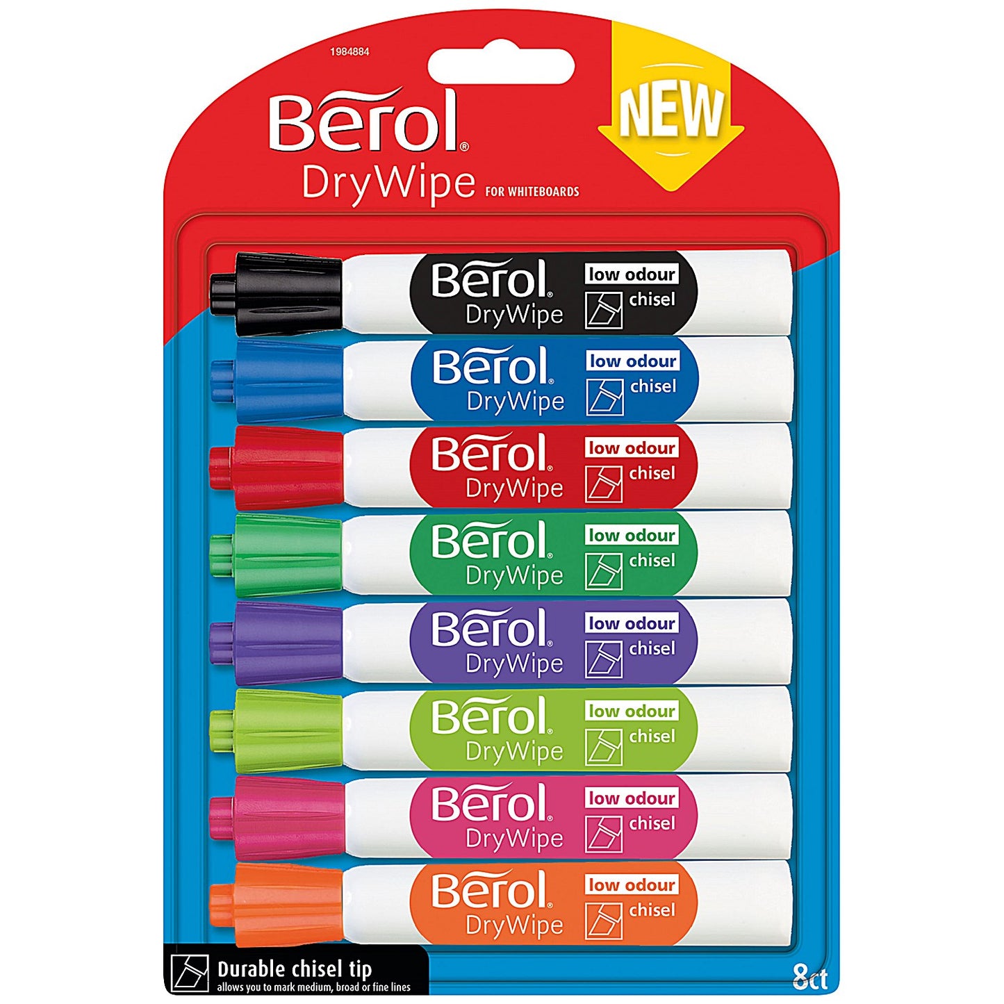 Berol Drywipe Marker, Chisel Tip, Assorted, Pack of 8