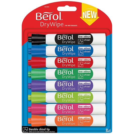Berol Drywipe Marker, Chisel Tip, Assorted, Pack of 8