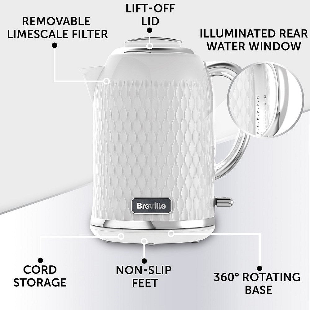 Breville VKT117 Curve Kettle, 3kw, 1.7 Litres, White/Chrome