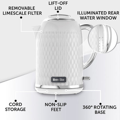 Breville VKT117 Curve Kettle, 3kw, 1.7 Litres, White/Chrome