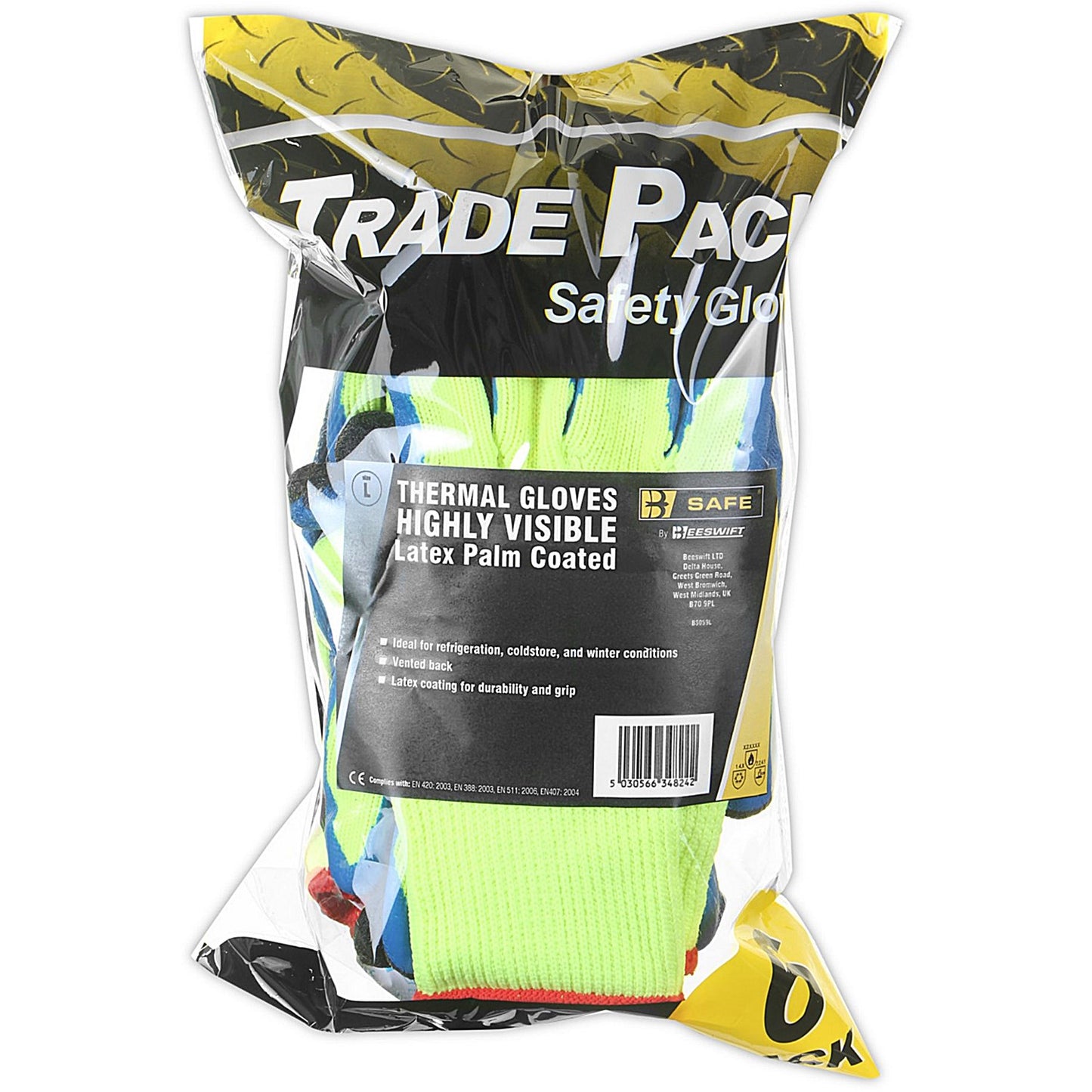 B-Safe High Visibility Latex Thermal Gloves, Large, Pack of 6