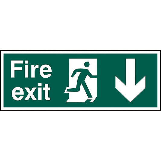B-Safe Running Man Arrow Down Fire Exit Sign, 400x150mm, PVC, Pack of 5