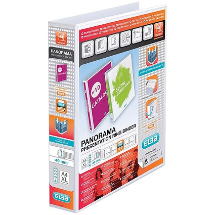 Elba Panorama Presentation Ring Binder, A4, 4 D-Ring, 40mm Capacity, White, Pack of 10
