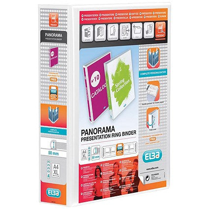 Elba Panorama Presentation Ring Binder, A4, 4 D-Ring, 50mm Capacity, White, Pack of 10