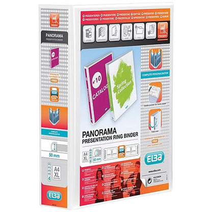 Elba Panorama Presentation Ring Binder, A4, 4 D-Ring, 50mm Capacity, White, Pack of 10