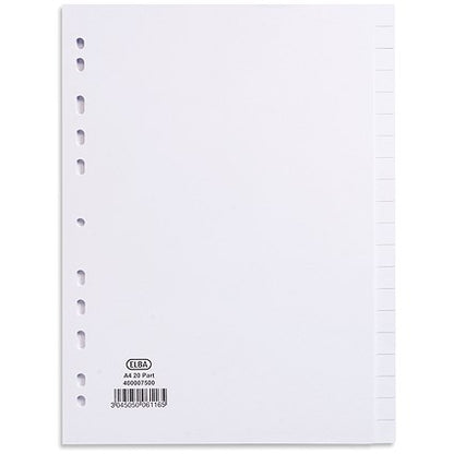 Elba Reinforced Board Subject Dividers, 20-Part, Blank Tabs, A4, White
