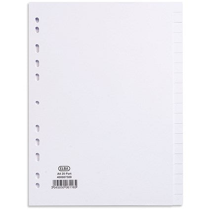 Elba Reinforced Board Subject Dividers, 20-Part, Blank Tabs, A4, White