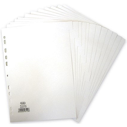 Elba Reinforced Board Subject Dividers, 12-Part, Blank Tabs, A4, White