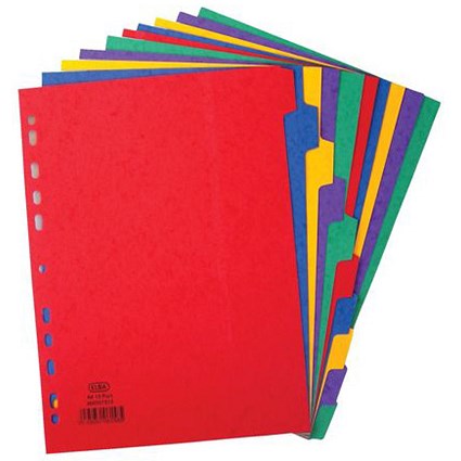 Elba Heavyweight Subject Dividers, 10-Part, Blank Multicolour Tabs, A4, Multicolour