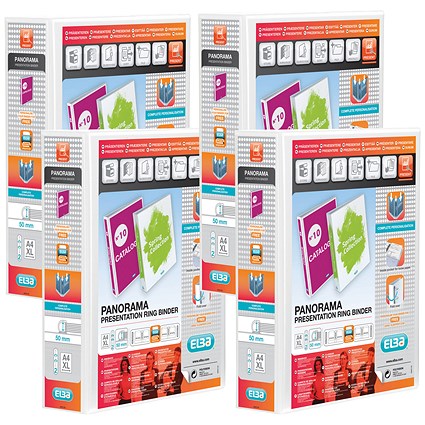 Elba Panorama Presentation Ring Binder, A4, 2 D-Ring, 50mm Capacity, White, Pack of 4
