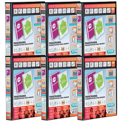 Elba Panorama Presentation Ring Binder, A4, 2 D-Ring, 25mm Capacity, Black, Pack of 6