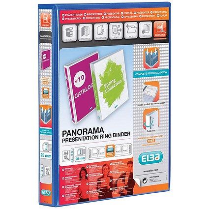 Elba Panorama Presentation Ring Binder, A4, 2 D-Ring, 25mm Capacity, Blue, Pack of 6