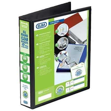 Elba Panorama Presentation Ring Binder, A4, 4 D-Ring, 40mm Capacity, Black, Pack of 6