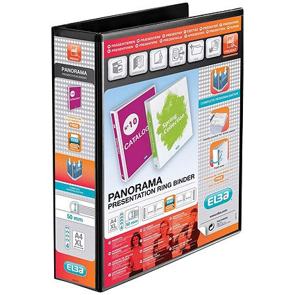 Elba Panorama Presentation Ring Binder, A4, 4 D-Ring, 50mm Capacity, Black, Pack of 4