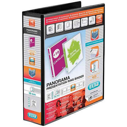 Elba Panorama Presentation Ring Binder, A4, 4 D-Ring, 50mm Capacity, Black, Pack of 4