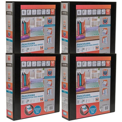 Elba Panorama Presentation Ring Binder, A4, 4 D-Ring, 50mm Capacity, Black, Pack of 4