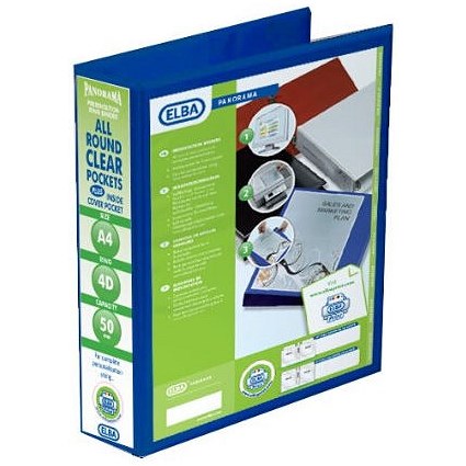 Elba Panorama Presentation Ring Binder, A4, 4 D-Ring, 50mm Capacity, Blue, Pack of 4