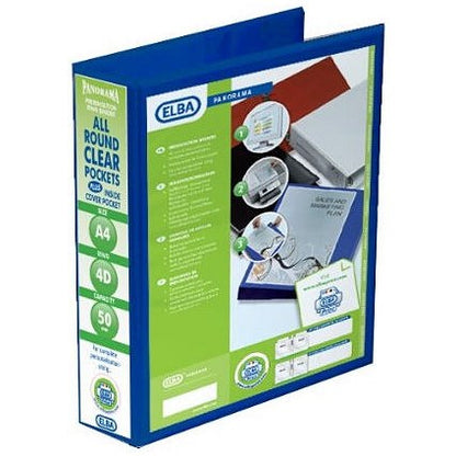 Elba Panorama Presentation Ring Binder, A4, 4 D-Ring, 50mm Capacity, Blue, Pack of 4
