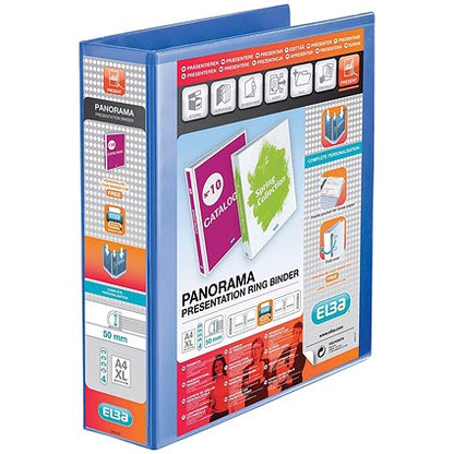Elba Panorama Presentation Ring Binder, A4, 4 D-Ring, 50mm Capacity, Blue, Pack of 4