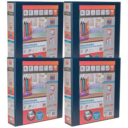 Elba Panorama Presentation Ring Binder, A4, 4 D-Ring, 50mm Capacity, Blue, Pack of 4