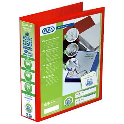 Elba Panorama Presentation Ring Binder, A4, 4 D-Ring, 50mm Capacity, Red, Pack of 4
