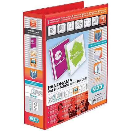 Elba Panorama Presentation Ring Binder, A4, 4 D-Ring, 50mm Capacity, Red, Pack of 4