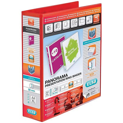 Elba Panorama Presentation Ring Binder, A4, 4 D-Ring, 50mm Capacity, Red, Pack of 4
