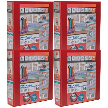 Elba Panorama Presentation Ring Binder, A4, 4 D-Ring, 50mm Capacity, Red, Pack of 4