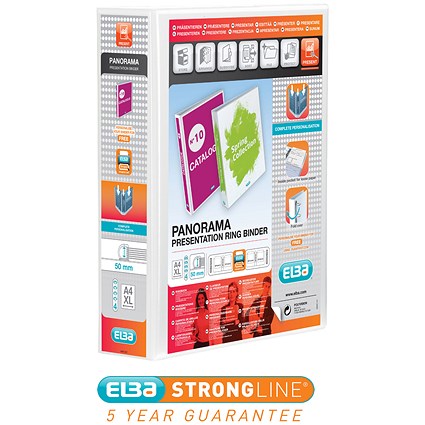 Elba Panorama Ring Binder, A4, 4 D-Ring, 50mm Capacity, White
