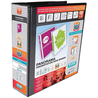 Elba Panorama Presentation Ring Binder, A4, 4 D-Ring, 65mm Capacity, Black, Pack of 4