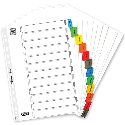 Elba Reinforced Board Index Dividers, Jan-Dec, Multicolour Tabs, A4, White