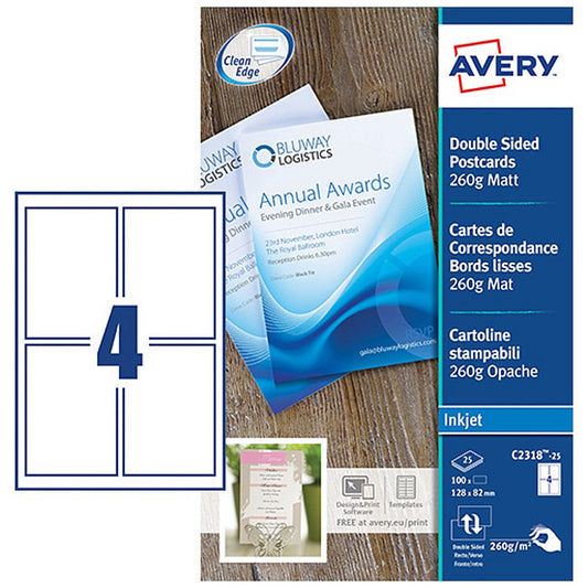 Avery Printable Cards 128mm x 82mm Inkjet Prints on Both Sides 100 Cards/25 Sheets (Pack 100 Cards) - C2318-25 Easy2Order : C2318-25