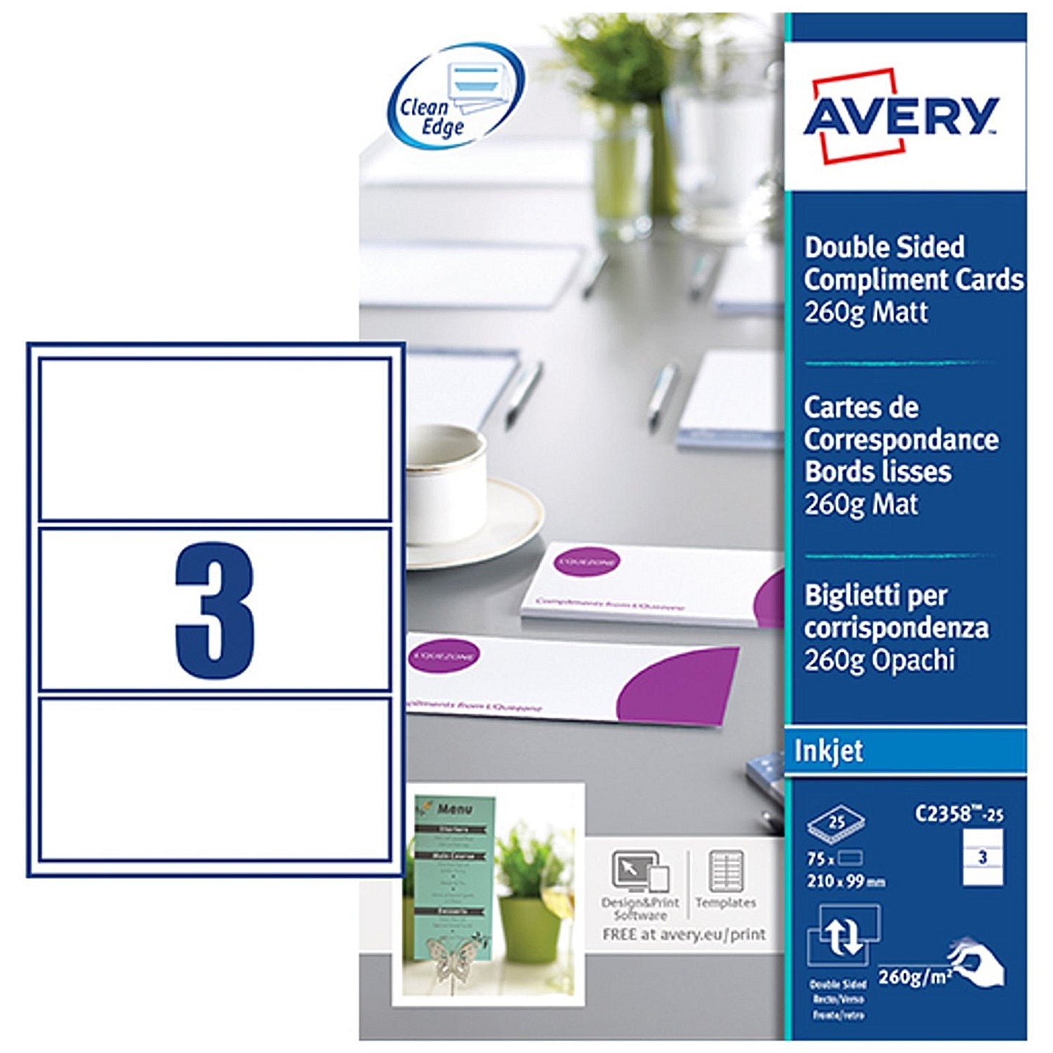 Avery Compliment Cards 210mm x 99mm Inkjet Prints on Both Sides 75 Cards / 25 Sheets - C2358-25 Easy2Order : C2358-25