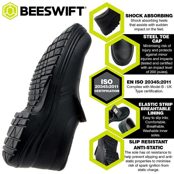 Beeswift Micro-Fibre Slip On S2 Shoes, Black, 7