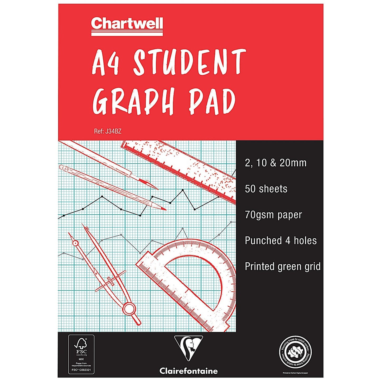 Chartwell Graph Pad, A4, 2/10/20mm Squares, 50 Hole-punched Sheets Easy2Order : CHJ34B