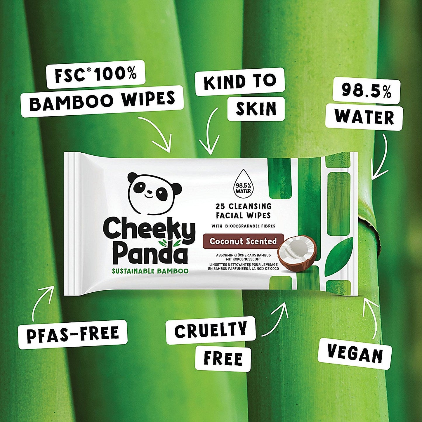 Cheeky Panda Bamboo Facial Cleansing Wipes 25 Wipes Coconut (Pack of 6)