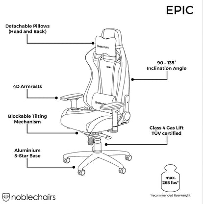 Noblechairs Epic Gaming Chair, Real Leather, Black
