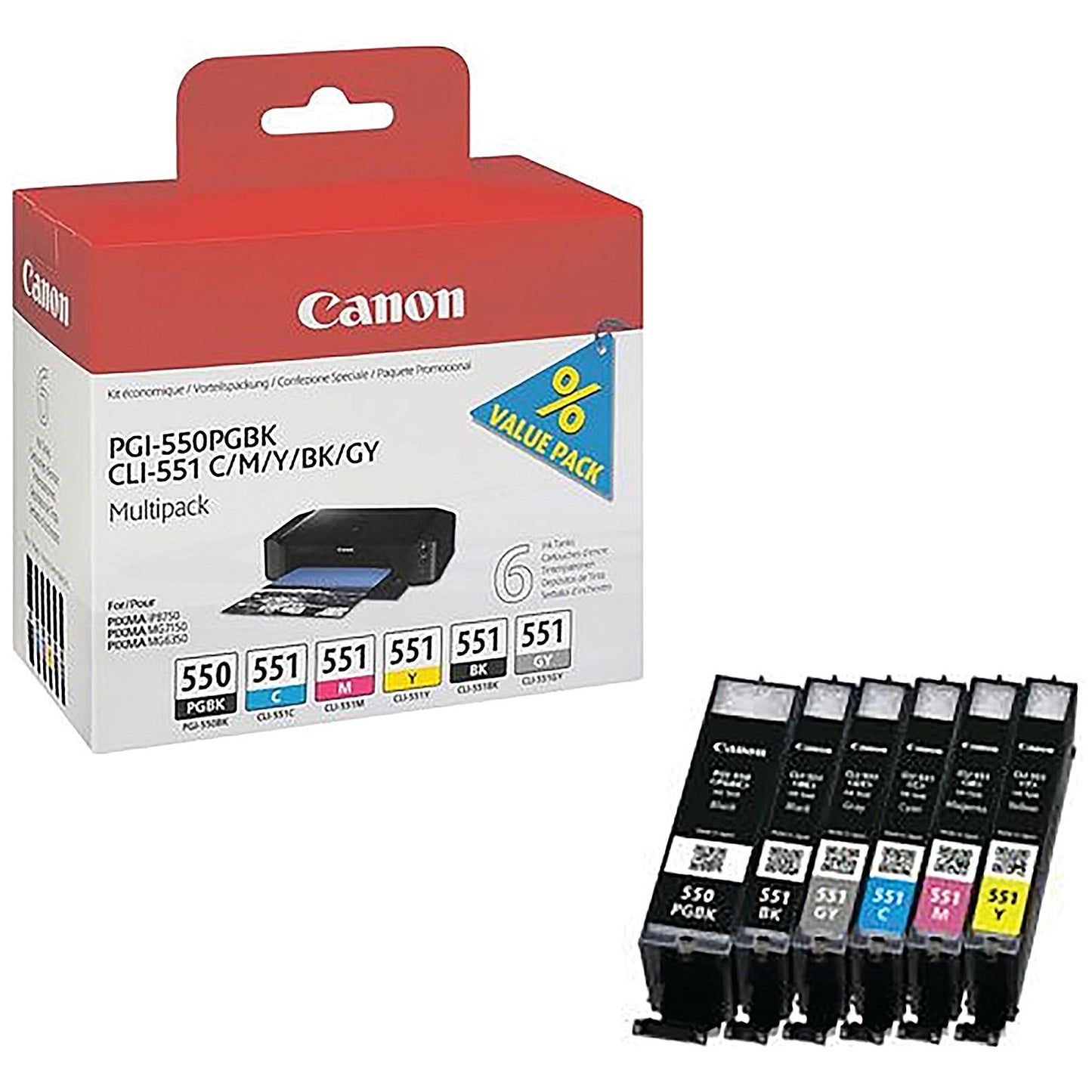 Canon PGI-550/CLI-551 Ink Multipack - Pigment Black, Cyan, Magenta, Yellow, Black and Grey (6 Cartridges)