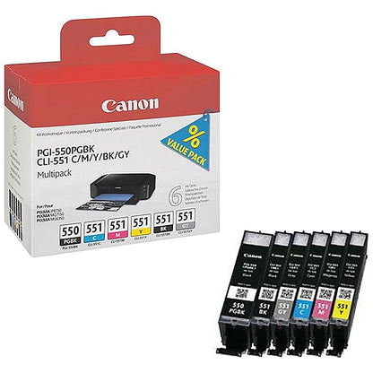 Canon PGI-550/CLI-551 Ink Multipack - Pigment Black, Cyan, Magenta, Yellow, Black and Grey (6 Cartridges)