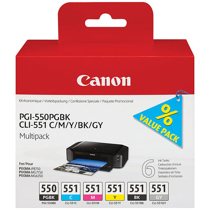 Canon PGI-550/CLI-551 Ink Multipack - Pigment Black, Cyan, Magenta, Yellow, Black and Grey (6 Cartridges)