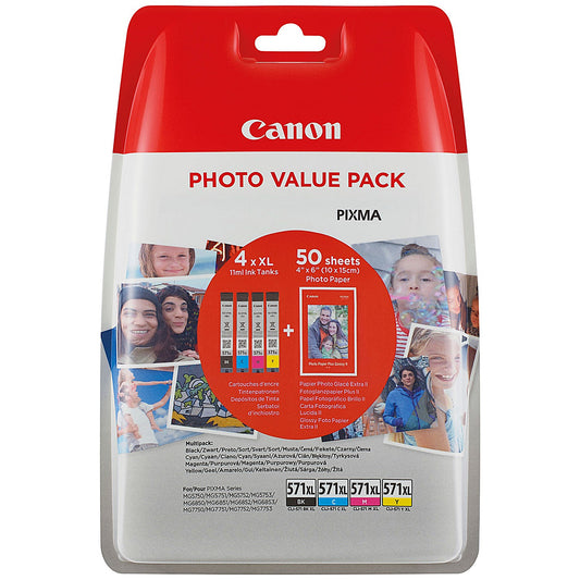 Canon CLI-571XL Ink Cartridges High Yield CMYK + 4 x 6 in Photo Paper Value Pack 0332C006