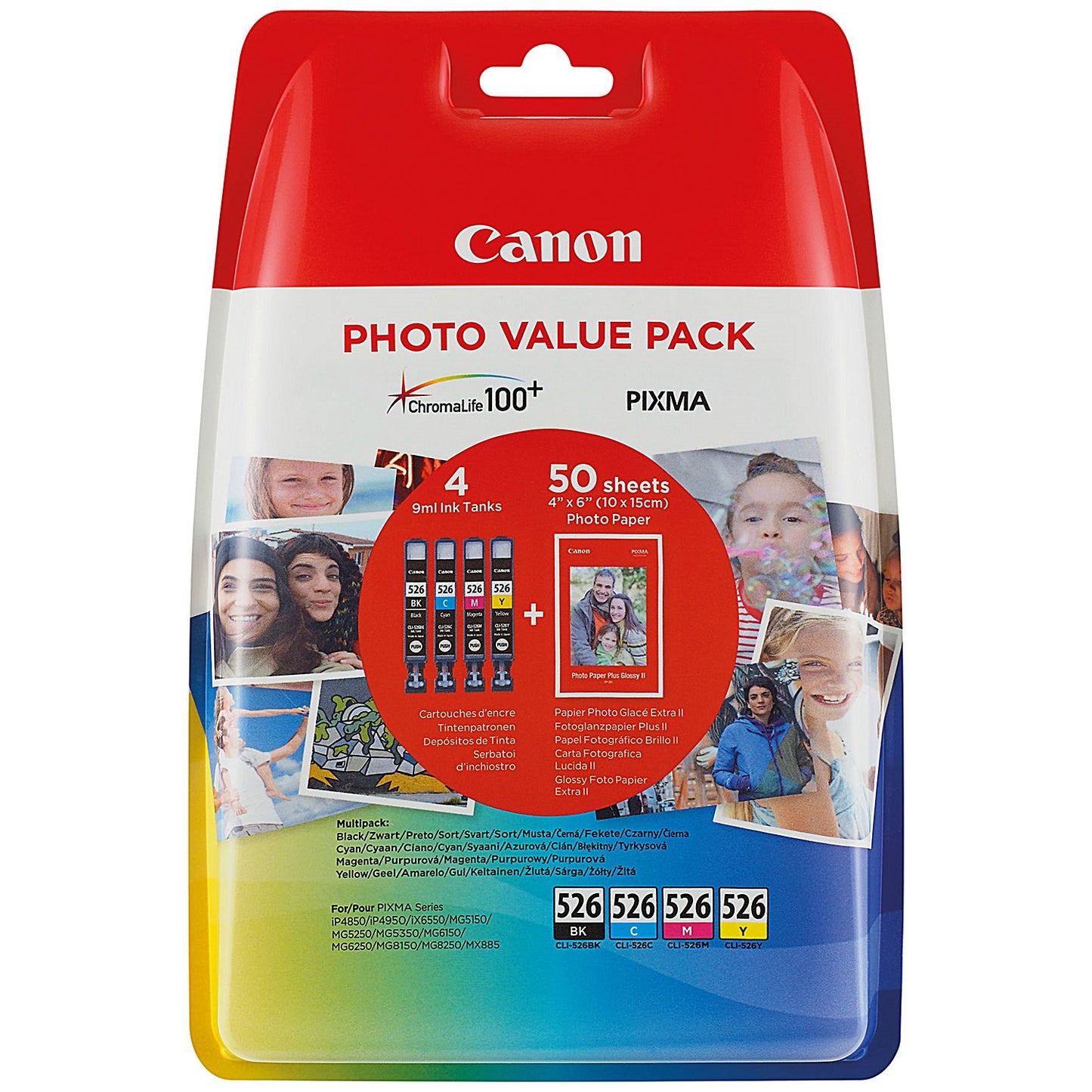 Canon CLI-526 Ink Cartridge + 4 x 6 in Photo Paper Value Pack CMYK 4540B019
