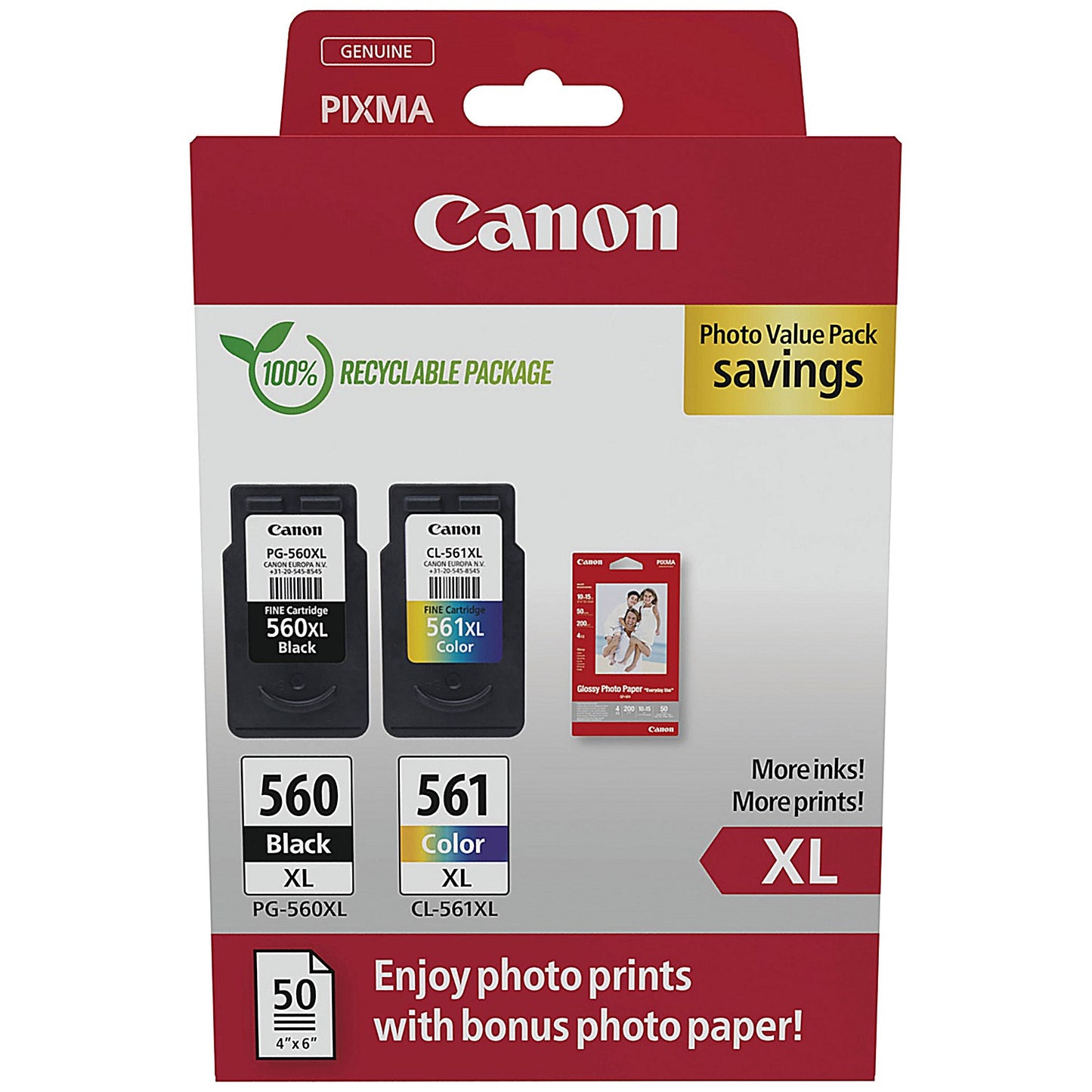 Canon PG-560XL/CL-561XL Ink Cartridges K/CMY + 4 x 6 in Photo Paper Value Pack 3712C008
