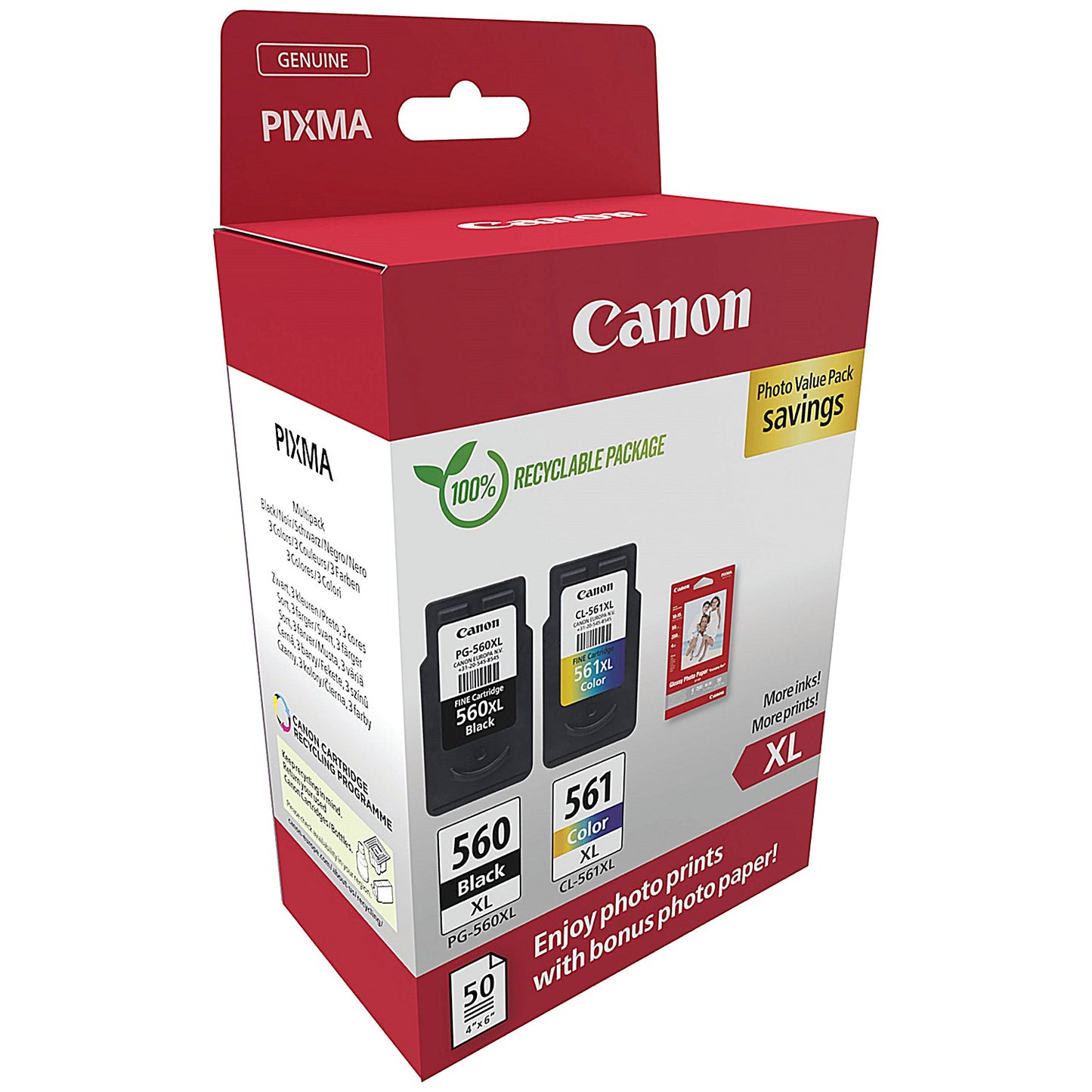 Canon PG-560XL/CL-561XL Ink Cartridges K/CMY + 4 x 6 in Photo Paper Value Pack 3712C008