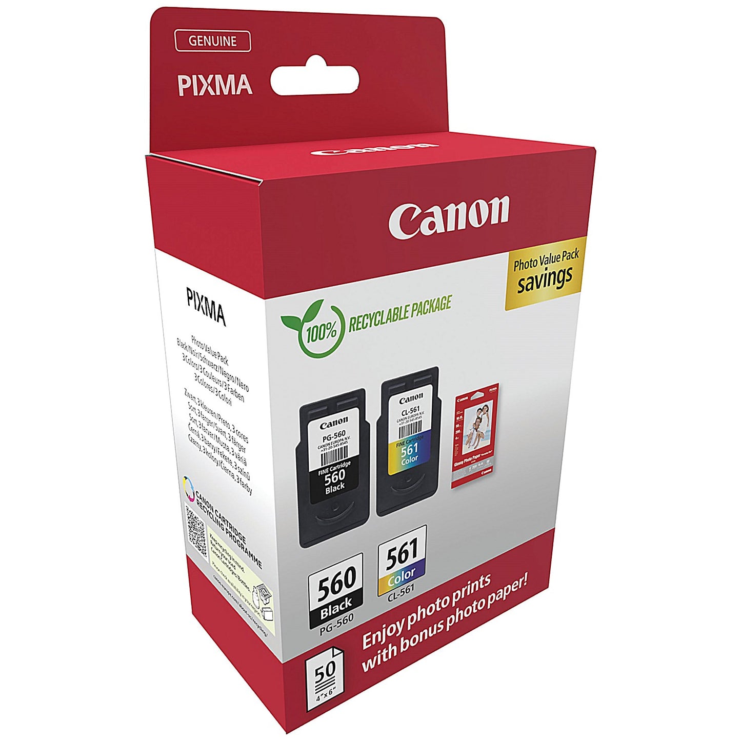 Canon PG-560/CL-561 Ink Cartridge K/CMY + 4 x 6 in Photo Paper Value Pack 3713C008