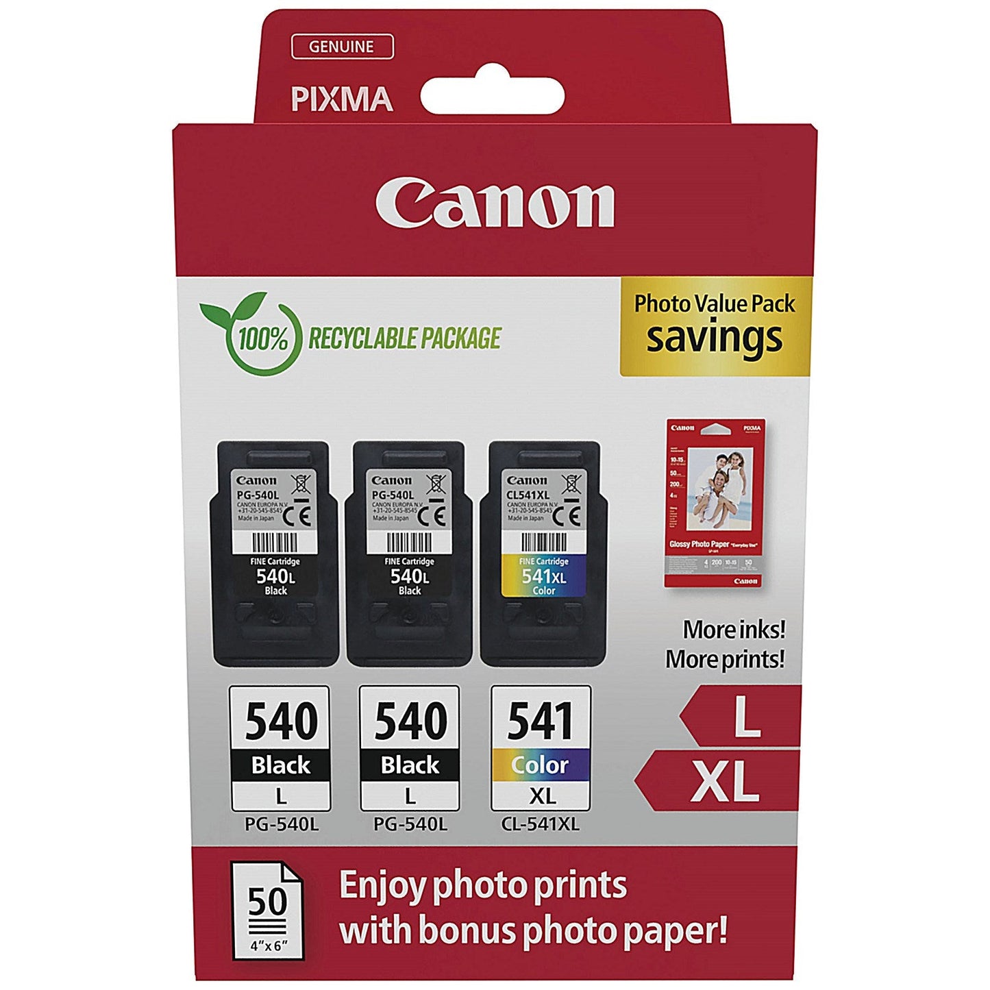 Canon PG-540L x 2/CL-541XL Ink Cartridges K/CMY + 4 x 6 in Photo Paper Value Pack 5224B015