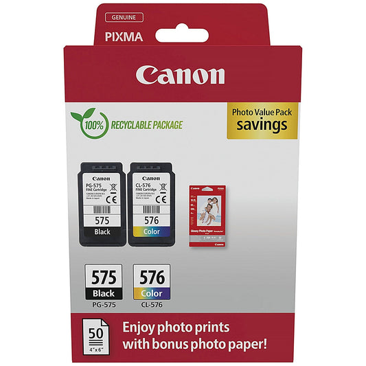 Canon PG-575/CL-576 Ink Cartridges K/CMY + 4 x 6 in Photo Paper Value Pack 5438C004