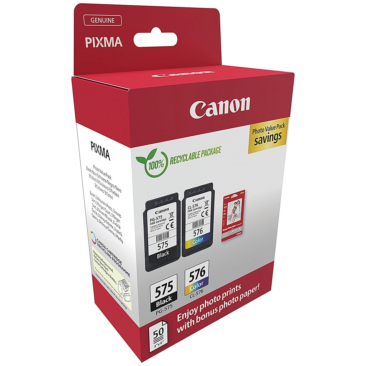 Canon PG-575/CL-576 Ink Cartridges K/CMY + 4 x 6 in Photo Paper Value Pack 5438C004 Easy2Order : CO67973