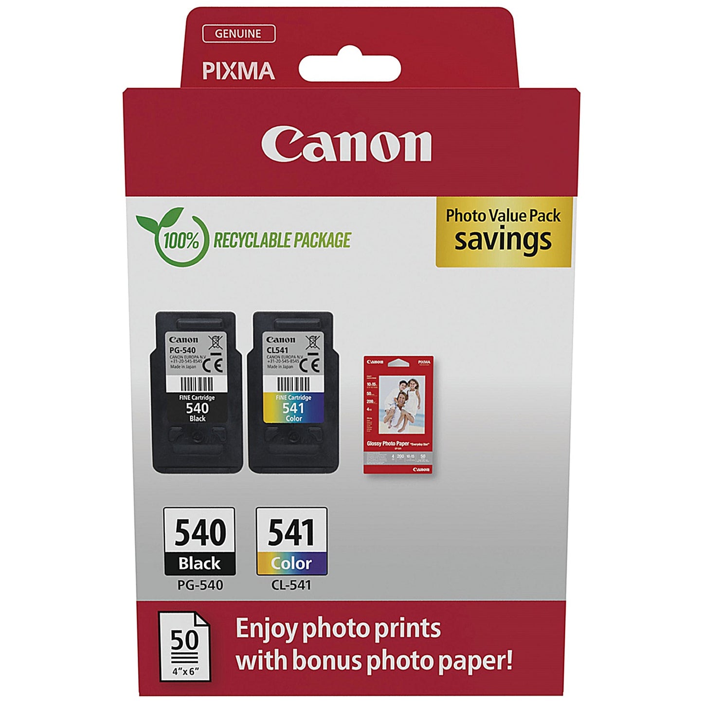 Canon PG-540/CL-541 Ink Cartridges K/CMY + 4 x 6 in Photo Paper Value Pack 5225B013